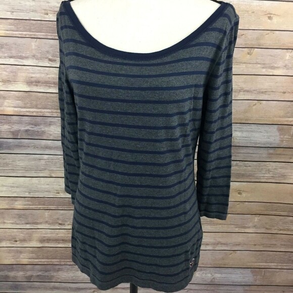 Hollister Knit Top Women Large 3/4 Sleeve Blue & Gray Stripe Cotton - Picture 1 of 8
